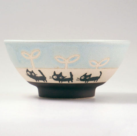 Cat Blue Mino Ware Pottery Bowl